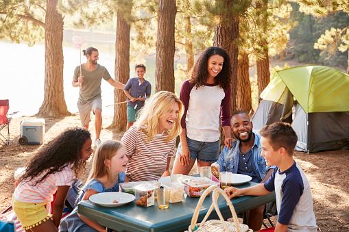 adults, children, outdoors, picnic, camping